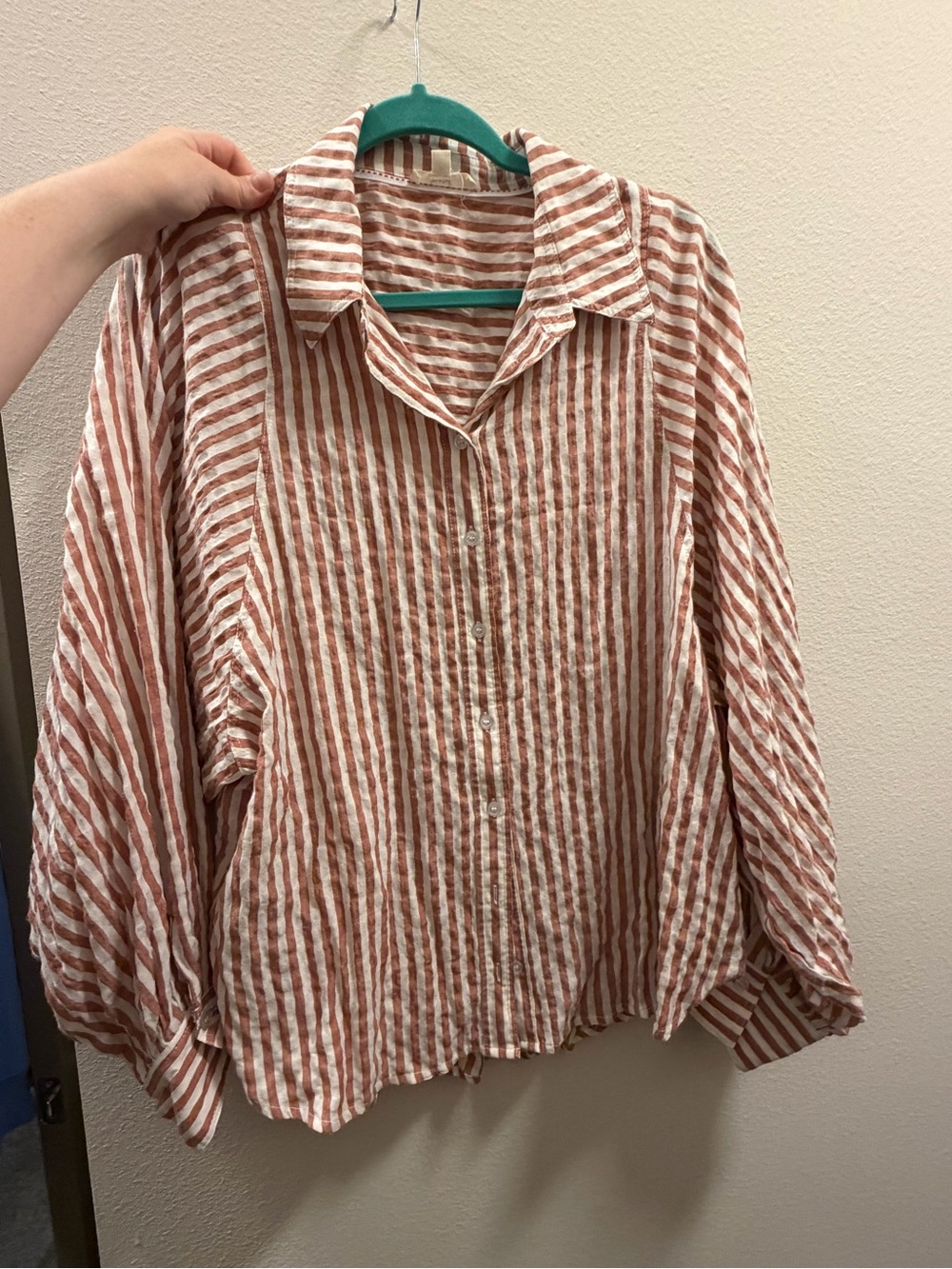 Women’s Striped Button-Up Shirt in Rust and White